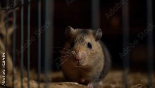 Fluffy rodent sitting in cage, looking cute generated by AI
