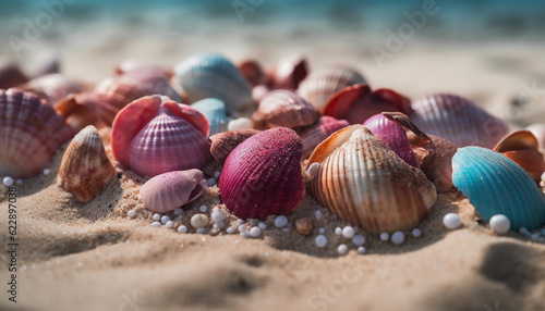 Seashell and starfish decorate tropical coastline souvenir generated by AI