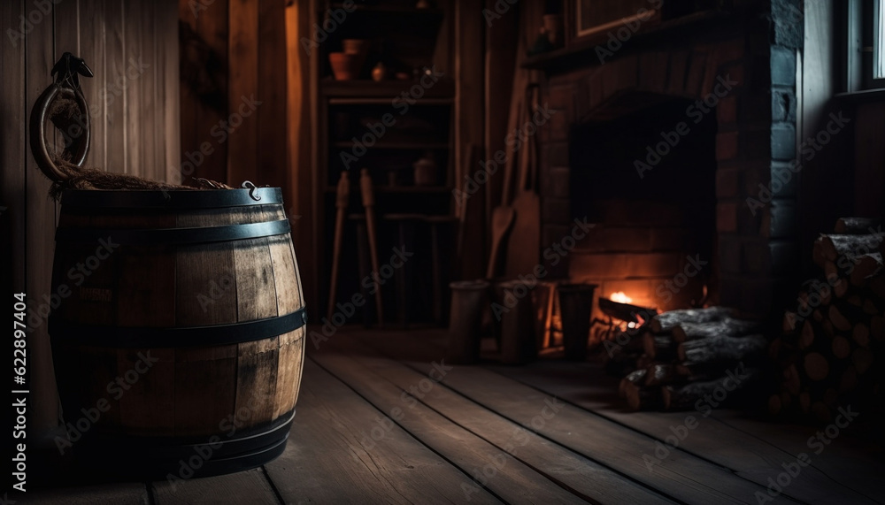 Rustic winery cellar, old whiskey barrel burning generated by AI