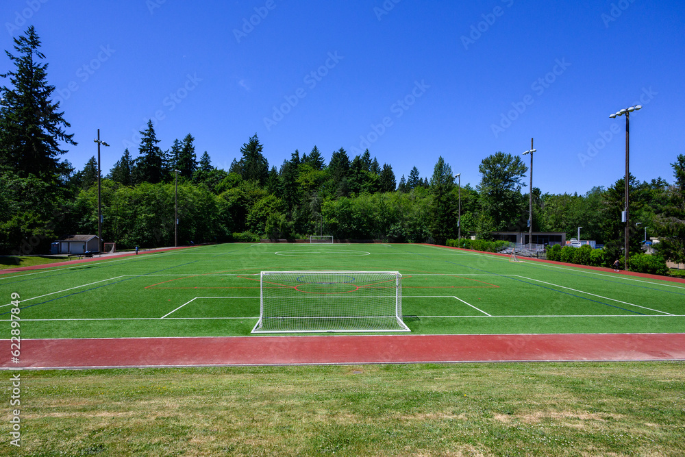 Fototapeta premium Artificial grass soccer and recreational sports field on a sunny summer day 