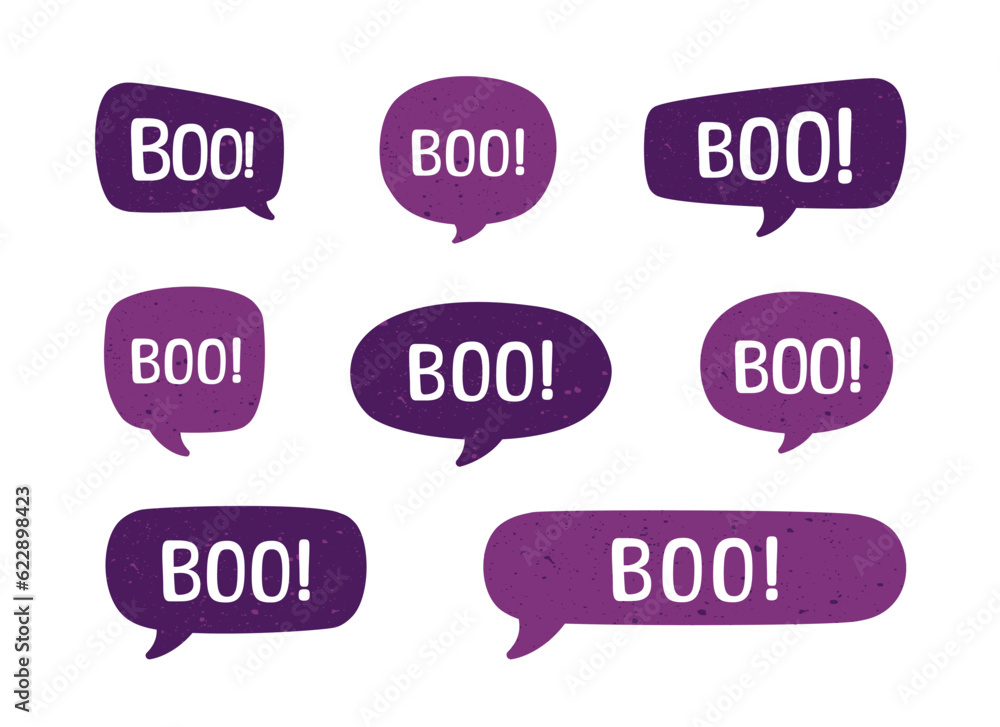 Speech bubble with text Boo digital sticker vector illustration set Speech bubble with text Boo digital sticker vector illustration set