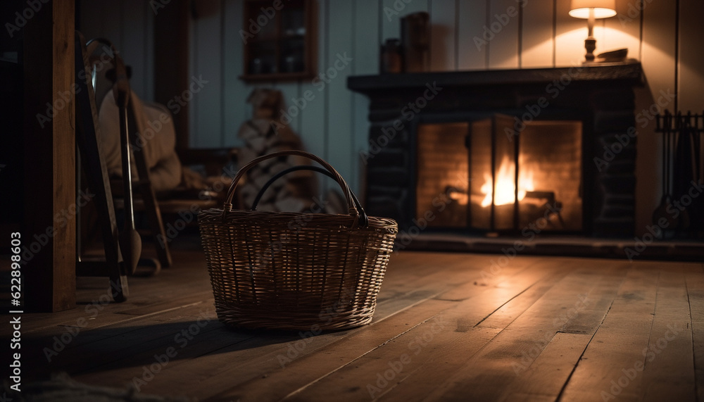 Rustic firewood basket warms cozy farmhouse living room generated by AI