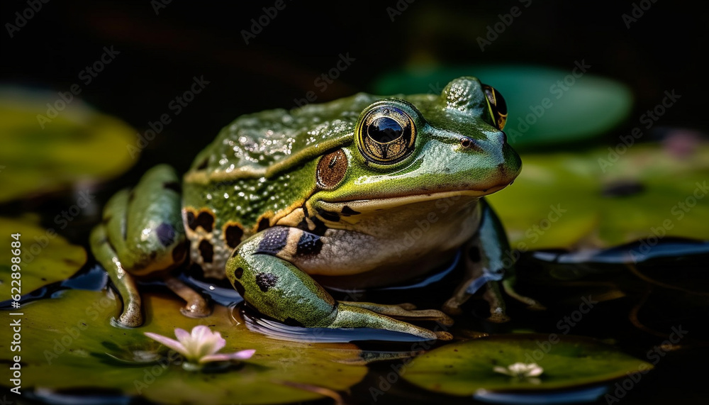 Green toad sitting on wet leaf, looking generated by AI Green toad sitting on wet leaf, looking generated by AI