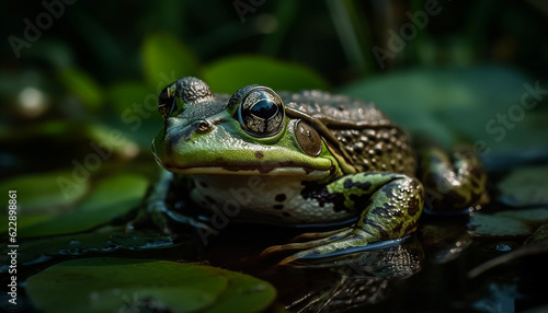 Green toad sitting on wet leaf, looking generated by AI