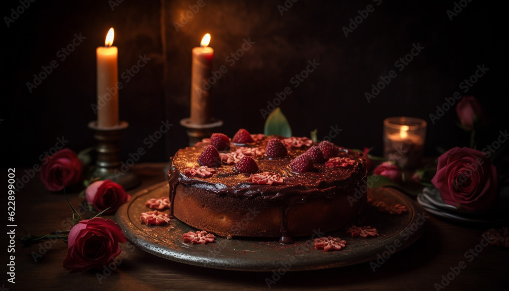 Sweet berry cheesecake with chocolate and candlelight decoration generated by AI