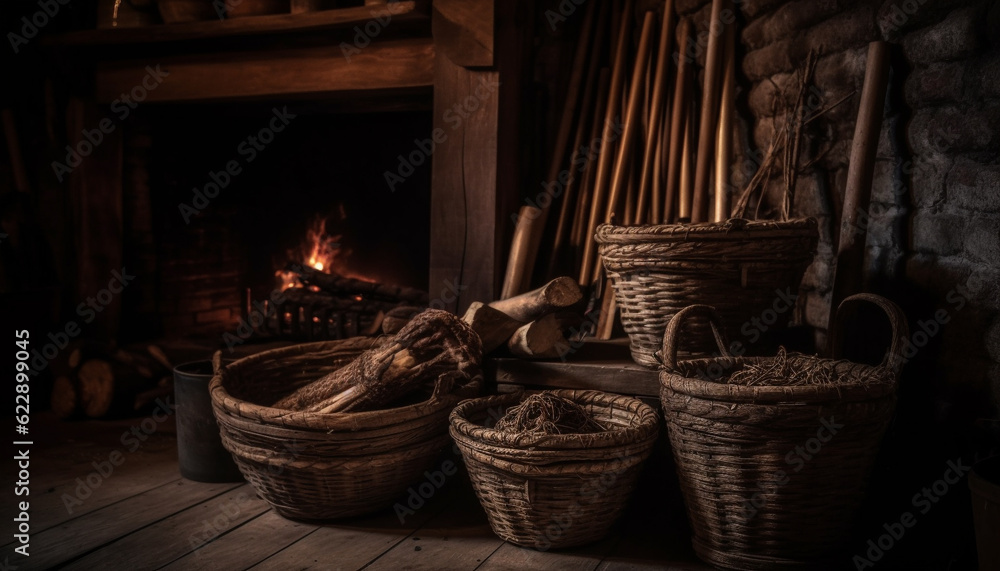 Woven wicker basket holds firewood for warmth generated by AI