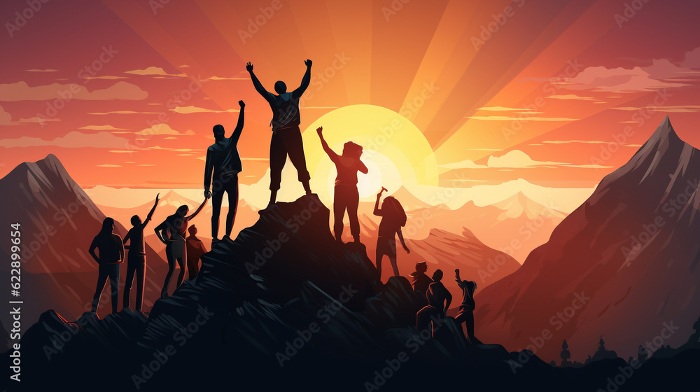 Fototapeta premium Successful Teamwork on top of a mountain at sunrise. Business Success Concept. Illustration