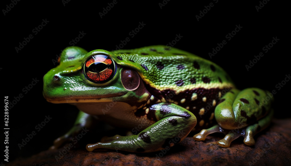 Obraz premium Spotted poison arrow frog sitting on leaf generated by AI
