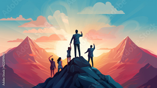 Successful Teamwork on top of a mountain at sunrise. Business Success Concept. Illustration