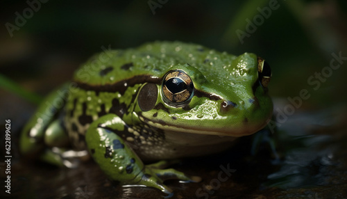 Green toad sitting on wet leaf  looking generated by AI