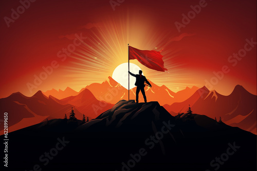 Successful Businessman with a flag on top of a mountain at sunrise. Business Success Concept. Illustration