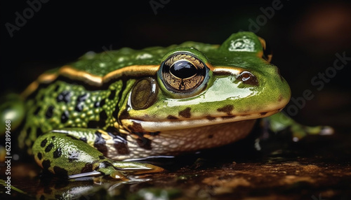 Green toad sitting on wet leaf, looking generated by AI © grgroup
