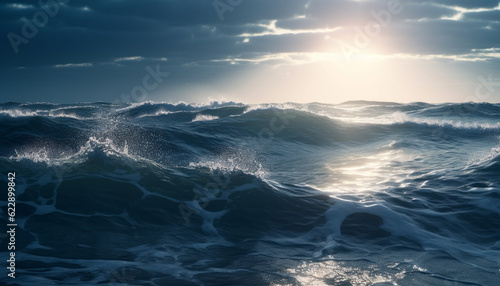 Sunlit seascape, breaking waves crash on sand generated by AI