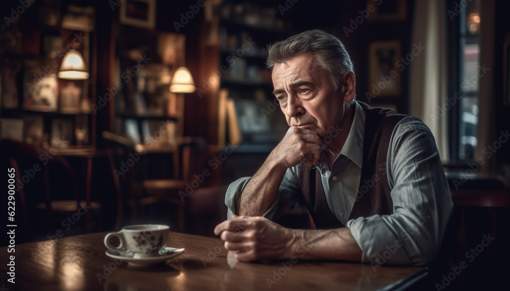 Mature businessman sitting indoors, contemplating with coffee generated by AI