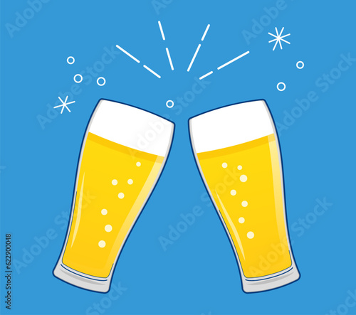 グラスビールで乾杯をする手描き風のベクターイラスト