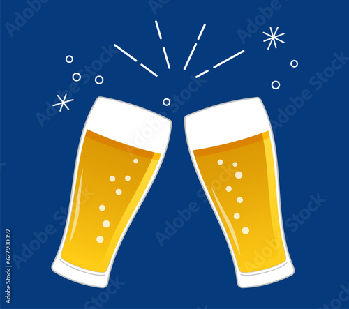 グラスビールで乾杯をする手描き風のベクターイラスト