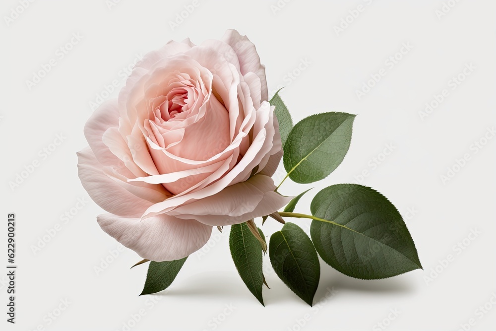 Fototapeta premium pink rose with green leaves on a white background. Generative AI