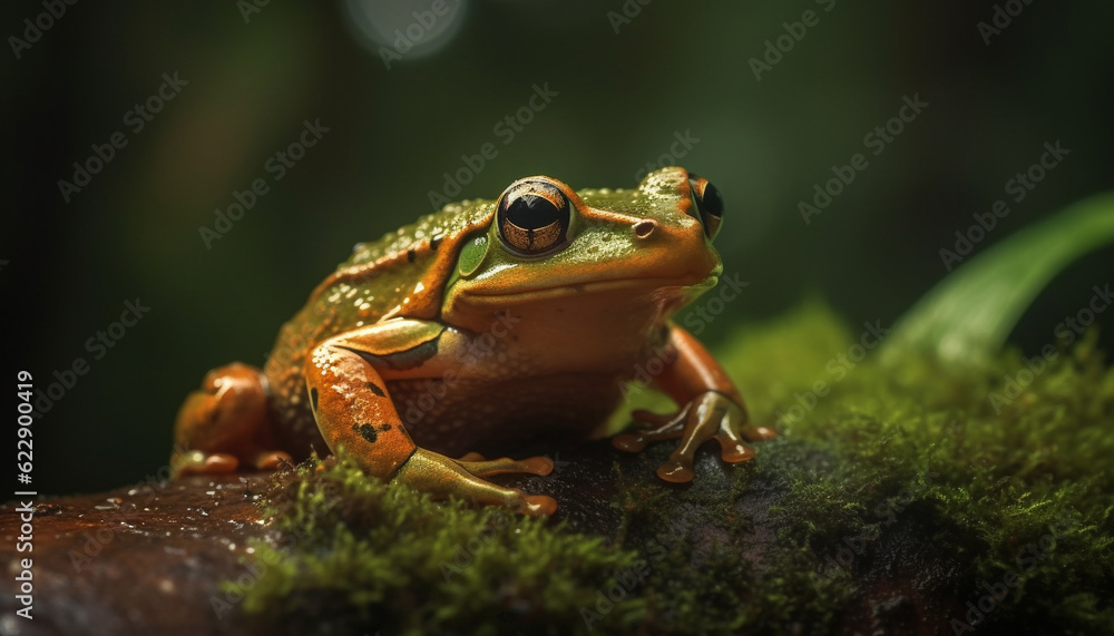 Green eyed tree frog sitting on wet leaf generated by AI Green eyed tree frog sitting on wet leaf generated by AI