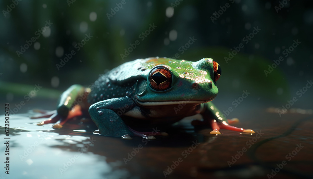 Slimy toad sitting on wet leaf generated by AI Slimy toad sitting on wet leaf generated by AI