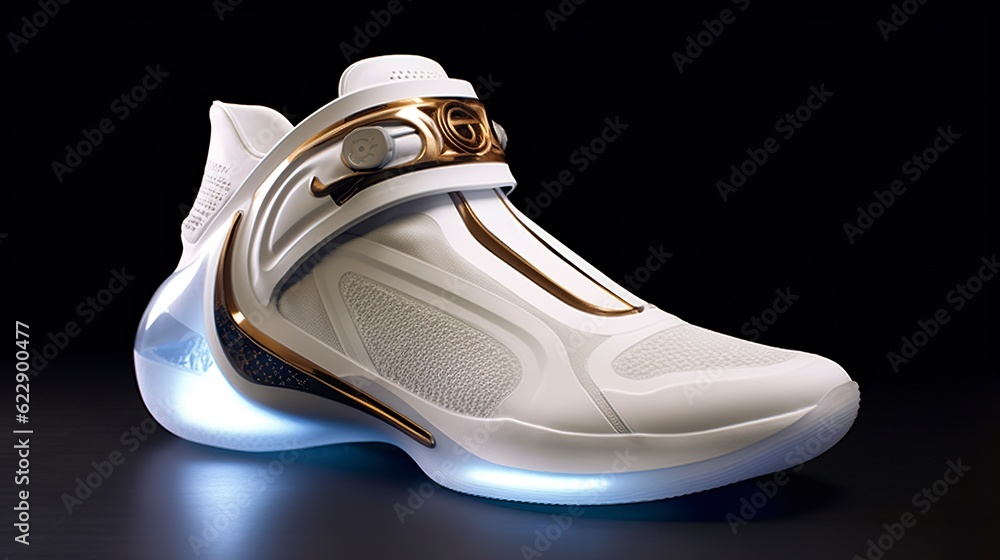 Futuristic fashion original sneakers. Future design of stylish sports shoes with neon glow, futuristic urban aesthetics. Sportswear, style and fashion, tomorrow footwear. AI Generative - obrazy, fototapety, plakaty 