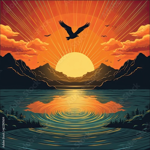 The painting depicts a sunset over the ocean with birds, mountains, and the sun. (Generative AI)