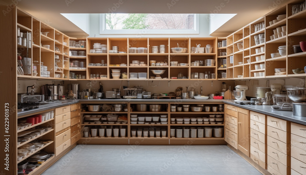 Neat modern kitchen shelf with empty drawers generated by AI