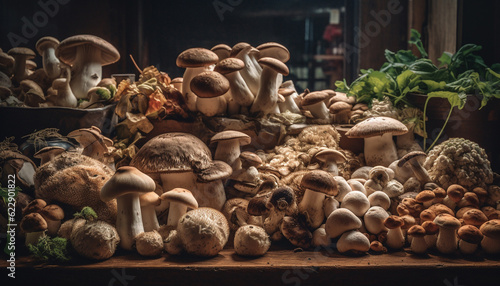Fresh autumn forest yields healthy gourmet mushroom meal generated by AI