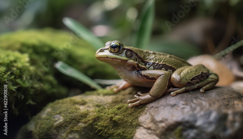 Slimy toad sitting on wet branch, looking generated by AI