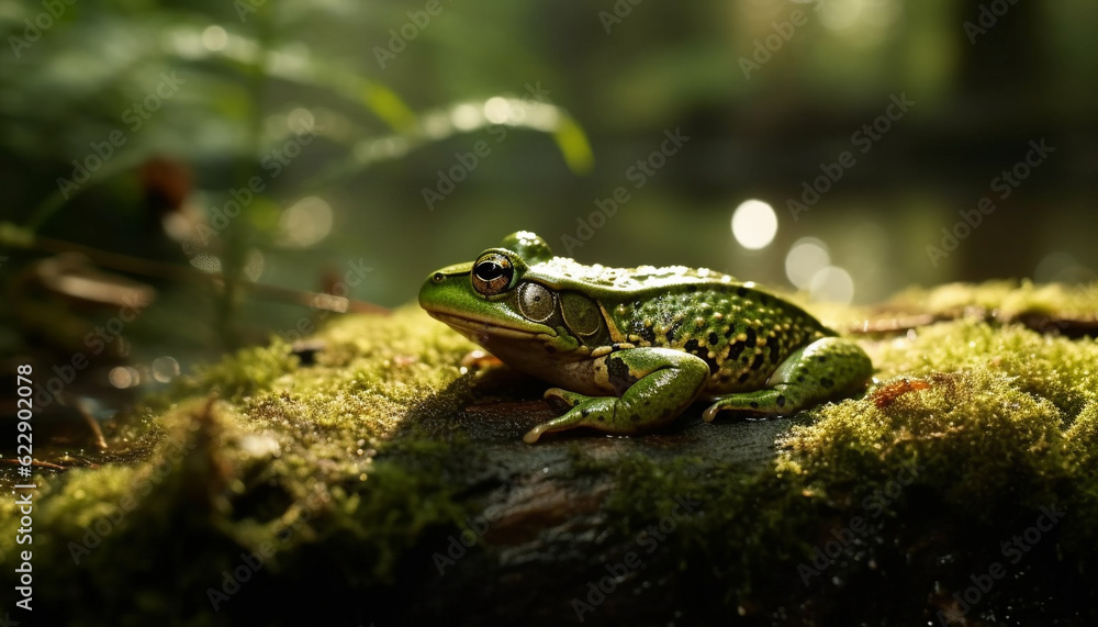 Fototapeta premium Slimy toad sitting on wet leaf, looking generated by AI