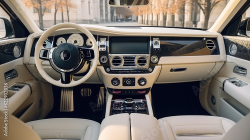 Car modern interior with white leather seats vehicle. © peacehunter