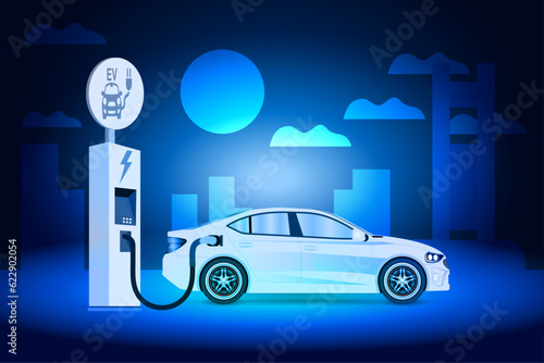 Electric cars charging in a car park and plugged into a home charging station with a power supply socket. The battery-electric vehicle is connected to a wall box for charging. Vector illustration.