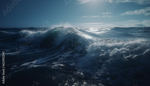 Breaking waves crash on wet sand, splashing generated by AI