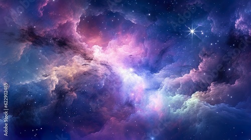 Nebula Galaxy Background With Purple Blue Outer Space. Cosmos Clouds And Beautiful Universe Night Stars. AI Generative © MstAsma