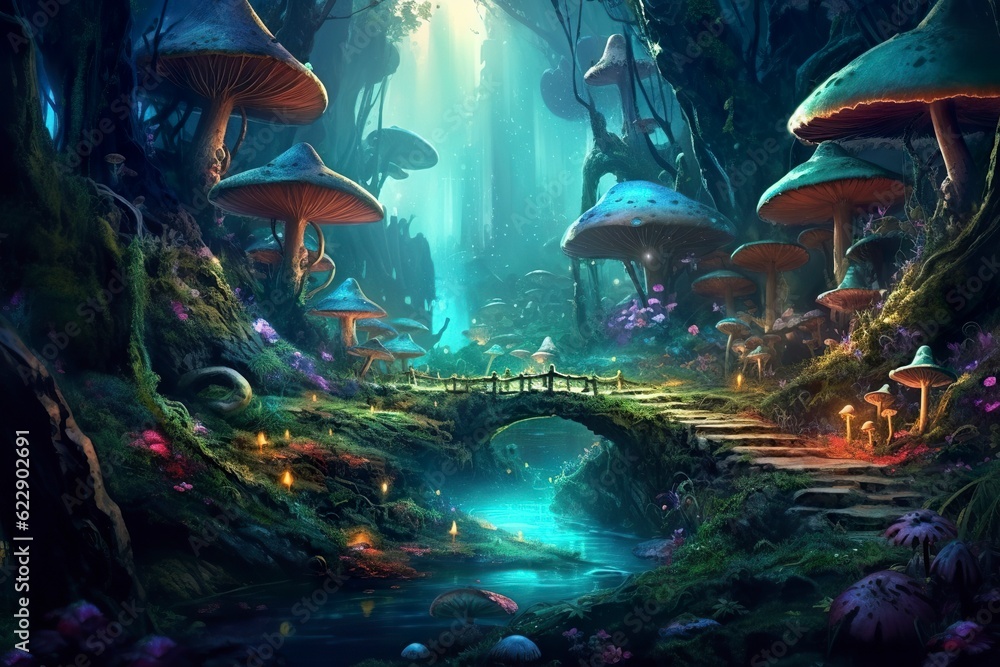 Obraz premium the forest is lit up with mushrooms and flowers, in the style of realistic fantasy artwork, fantastical street, dark emerald and light cyan, AI Generative