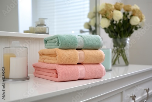 the world's softest towels against a minimalistic background. Stacked white towels sit on top of a soap dish in a bathroom. AI Generative