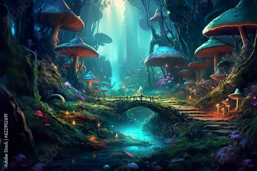 the forest is lit up with mushrooms and flowers  in the style of realistic fantasy artwork  fantastical street  dark emerald and light cyan  AI Generative