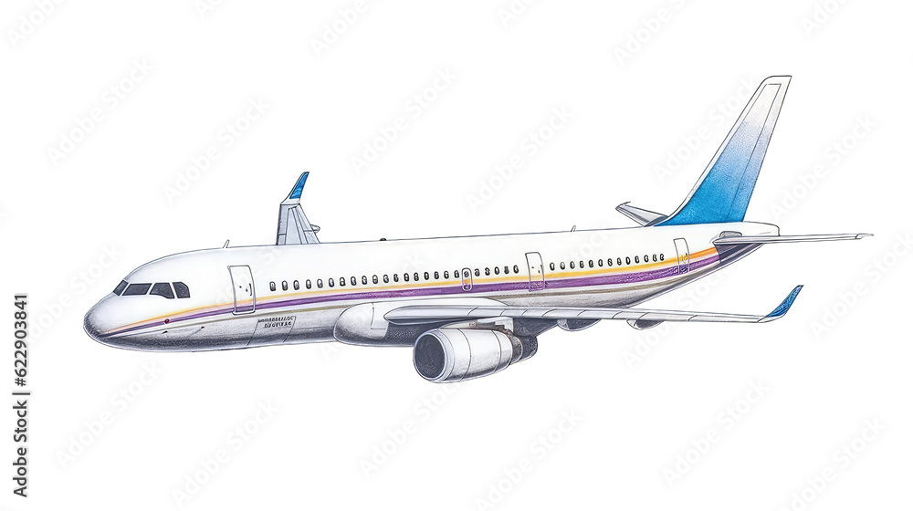 Passenger airplane,hand drawn watercolor, illustration on transparent background