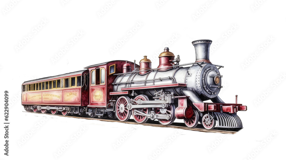 Watercolor hand drawn locomotive, train with big clouds of smoke, an aerial perspective. Raster stock illustration isolated on transparent background