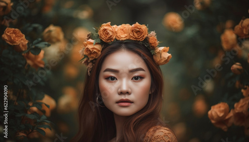 Beautiful woman in nature, smiling at camera generated by AI