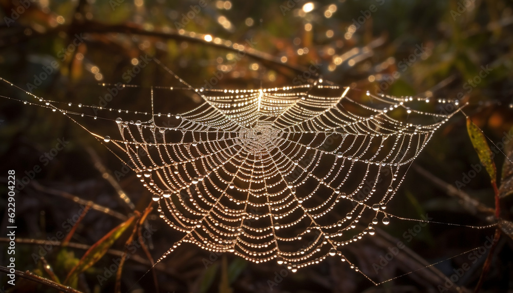 Spider web glistens with dew in autumn generated by AI