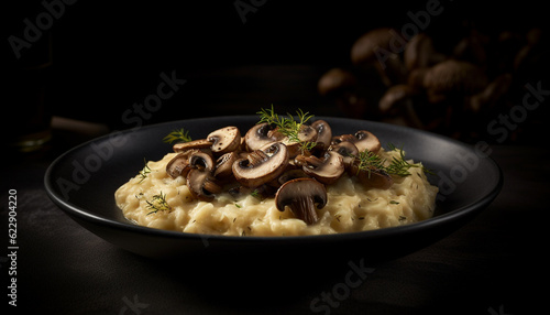 Fresh mushroom risotto, a gourmet vegetarian appetizer generated by AI