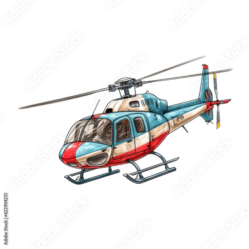 Watercolor stylized helicopter on a transparent background for compositions on the theme of leisure, travel, holidays, flights to other cities and countries.