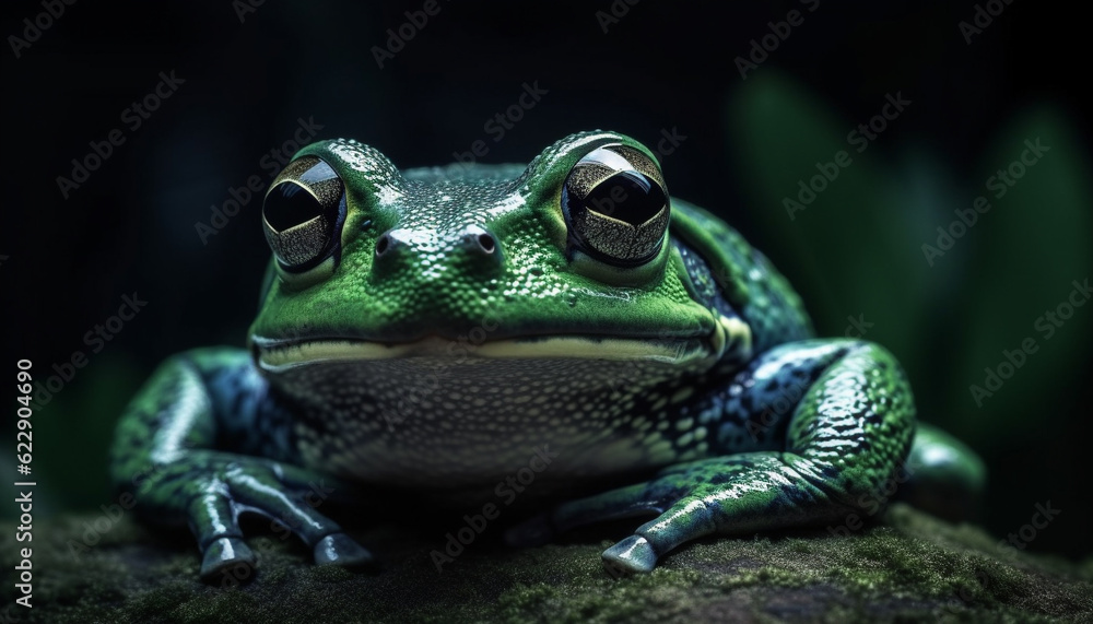 Obraz premium Slimy toad sitting on wet leaf staring generated by AI