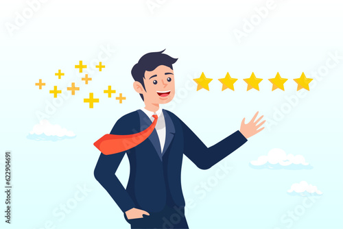 Confidence businessman giving 5 stars rating, customer feedback 5 stars rating, best quality, excellence high performance evaluation, positive ranking or business reputation and satisfaction (Vector)