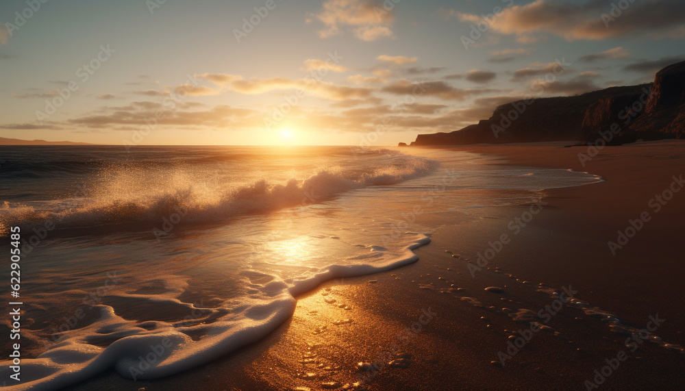Sunrise over tranquil waters, horizon aglow with beauty generated by AI Sunrise over tranquil waters, horizon aglow with beauty generated by AI