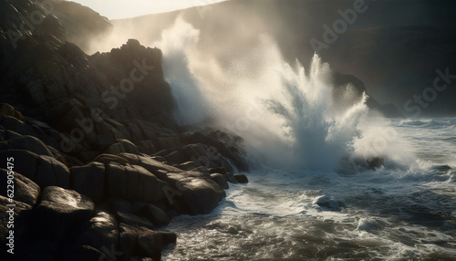 Breaking waves crash on rocky coastline, awe inspiring seascape generated by AI