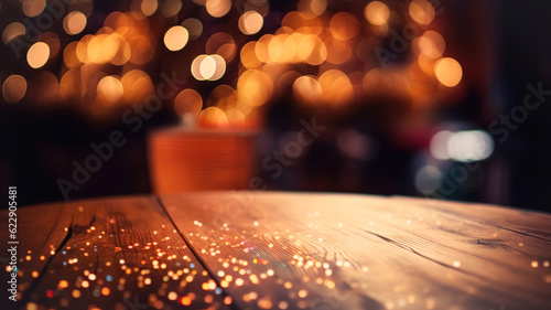 Empty wooden table top in front of abstract blurred background with garlands of lights, cozy cafe bar small restaurant © ximich_natali