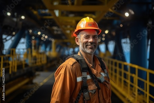 An offshore oil rig worker walks to an oil and gas facility to work in the process area. maintenance and services in hazardous areas