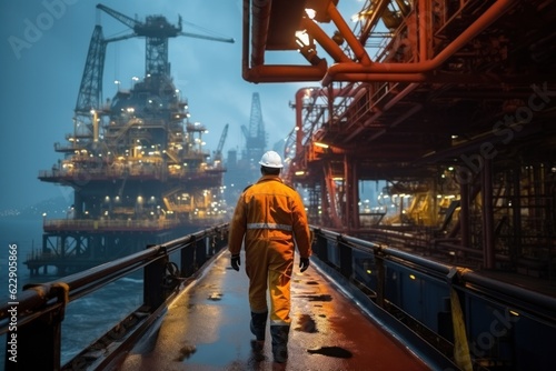 Murais de parede An offshore oil rig worker walks to an oil and gas facility to work in the process area