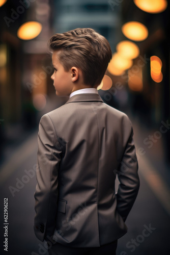 Little Boss, Big Dreams, Kid in Formal Suit with Back Turned, Encapsulating Aspiration, generative ai